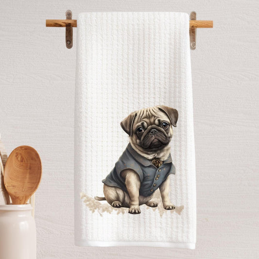 Dapper Pug Dog Tea Towel  Tea Towel | Decorative Dog Decor | Pug Dog | Pug Puppy | Dog Lover Gift