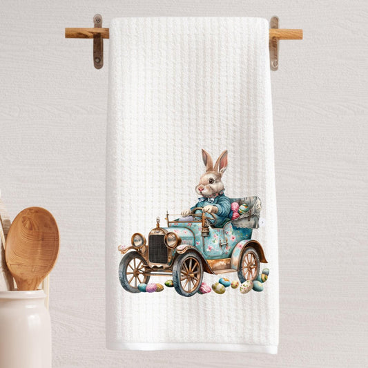 Easter Bunny Floral Decorative Tea Towel | Easter Eggs | Vintage Car | Waffle Weave Towel Small Gift Decorative Hostess Gift Kitchen Decor