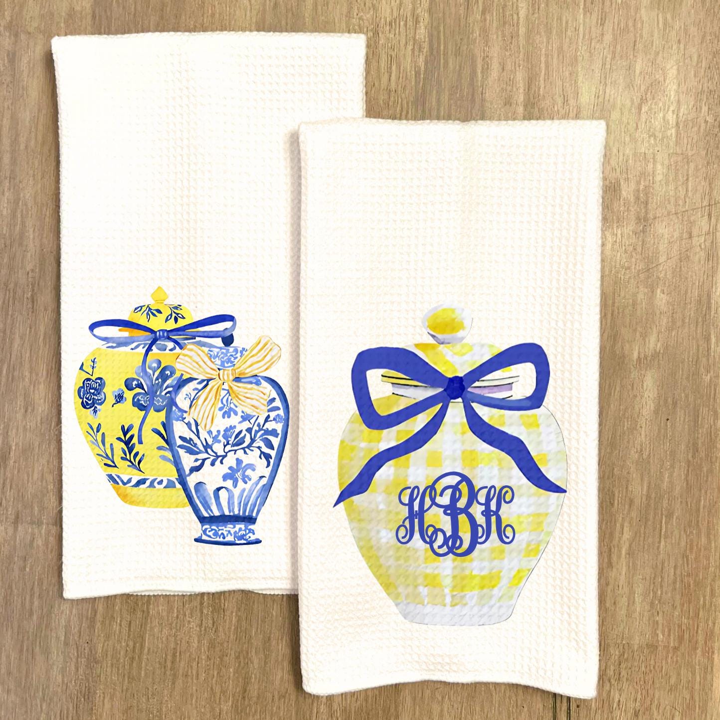 Preppy Monogram Tea Towel Set | Blue & Yellow Custom Tea Towel | Yellow Kitchen Decor | Preppy Chinoiserie Ginger Jar Grand Millienial