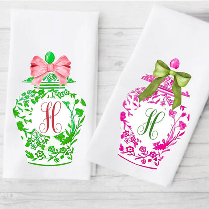 Preppy Monogram Towel Set | Pink & Green Ginger Jar | Custom Kitchen Decor | Chinoiserie | Hostess Housewarming Gift | Grandmillennial Chic