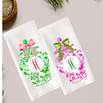 Preppy Monogram Towel Set | Pink & Green Ginger Jar | Custom Kitchen Decor | Chinoiserie | Hostess Housewarming Gift | Grandmillennial Chic