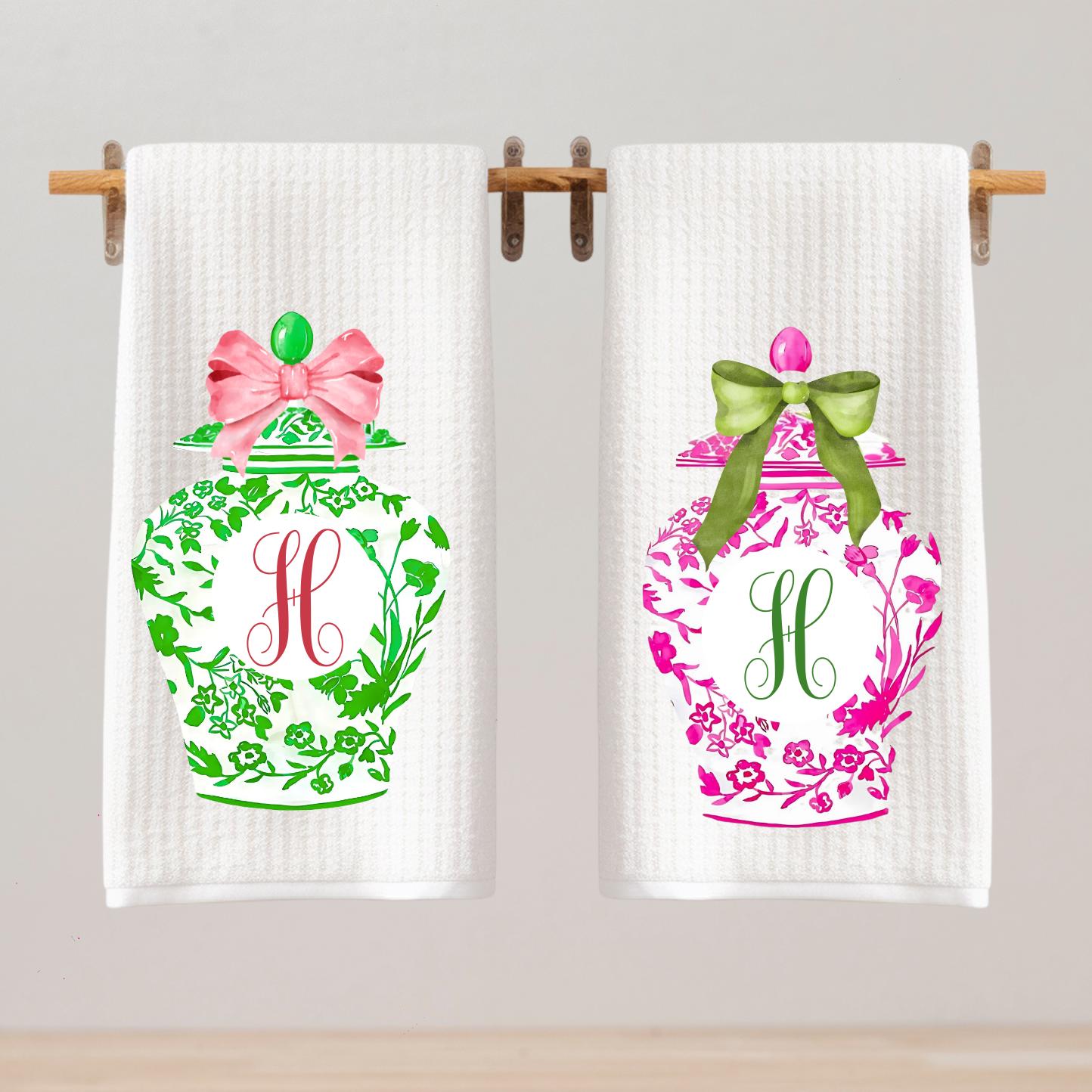 Preppy Monogram Towel Set | Pink & Green Ginger Jar | Custom Kitchen Decor | Chinoiserie | Hostess Housewarming Gift | Grandmillennial Chic