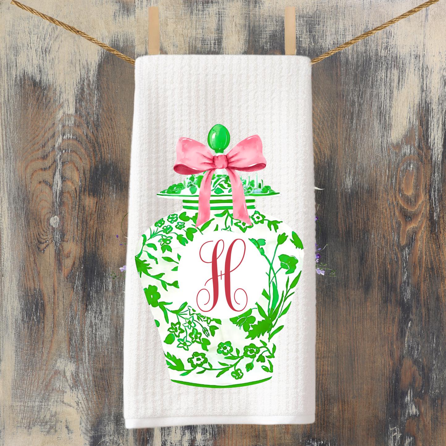 Preppy Monogram Towel Set | Pink & Green Ginger Jar | Custom Kitchen Decor | Chinoiserie | Hostess Housewarming Gift | Grandmillennial Chic