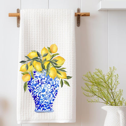 Blue and Yellow Chinoiserie Vase with Lemons Tea Towel | Blue & Yellow Kitchen Towel | Lemon Kitchen Decor | Preppy Grand Millenial | Gift