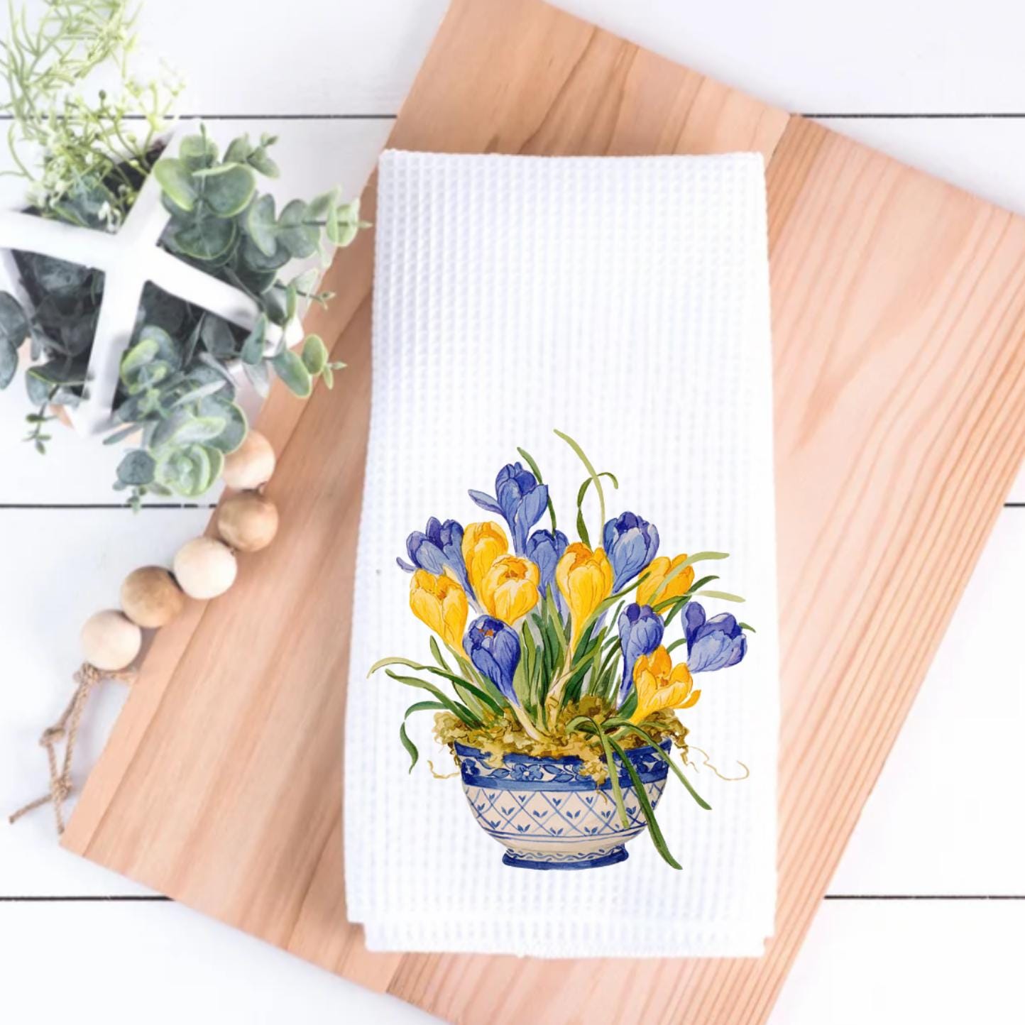 Blue and Yellow Chinoiserie Vase with Crocus Tea Towel | Spring Flowers | Crocus Kitchen Decor | Preppy Grand Millenial | Housewarming Gift