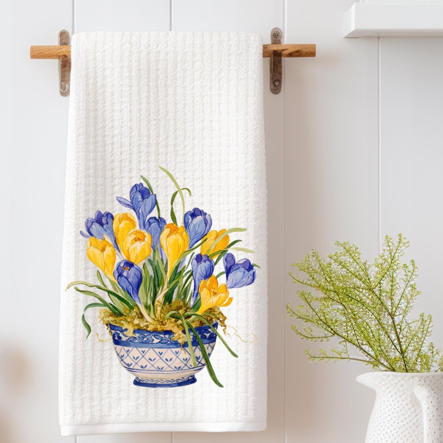 Blue and Yellow Chinoiserie Vase with Crocus Tea Towel | Spring Flowers | Crocus Kitchen Decor | Preppy Grand Millenial | Housewarming Gift