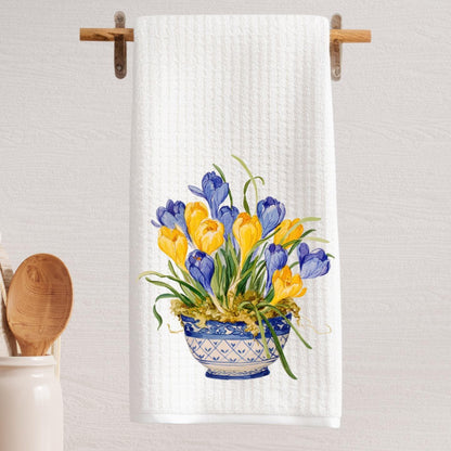 Blue and Yellow Chinoiserie Vase with Crocus Tea Towel | Spring Flowers | Crocus Kitchen Decor | Preppy Grand Millenial | Housewarming Gift