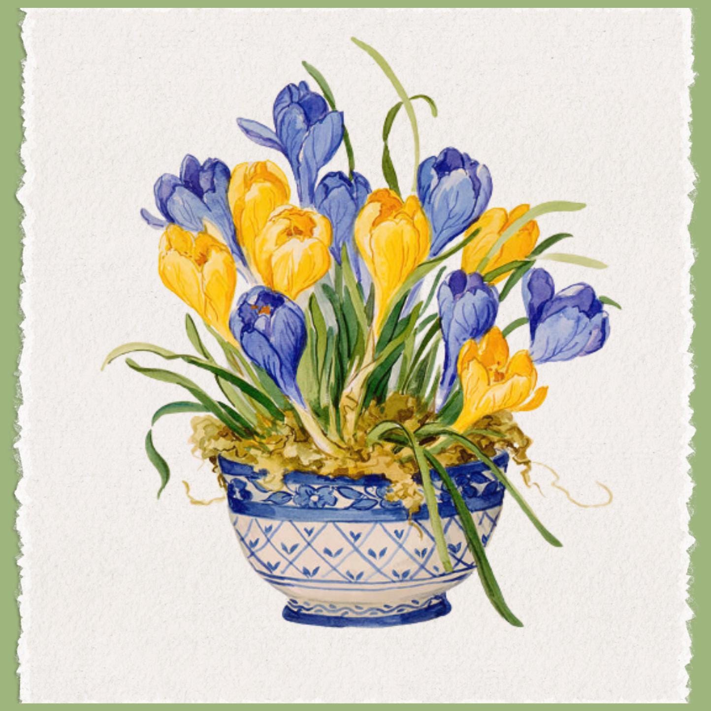 Blue and Yellow Chinoiserie Vase with Crocus Tea Towel | Spring Flowers | Crocus Kitchen Decor | Preppy Grand Millenial | Housewarming Gift