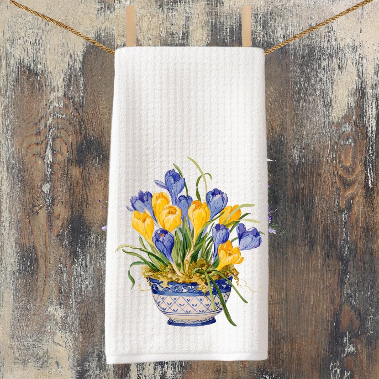 Blue and Yellow Chinoiserie Vase with Crocus Tea Towel | Spring Flowers | Crocus Kitchen Decor | Preppy Grand Millenial | Housewarming Gift