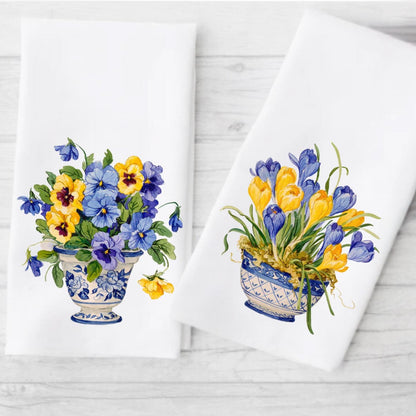 Blue and Yellow Chinoiserie Vase with Crocus Tea Towel | Spring Flowers | Crocus Kitchen Decor | Preppy Grand Millenial | Housewarming Gift