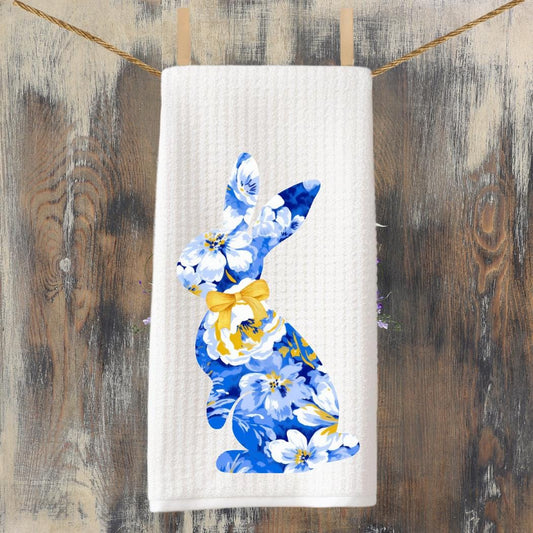 Blue Floral Bunny   Waffle Weave Spring Kitchen Decor, Cottage Gift, Seasonal Easter Home Charm