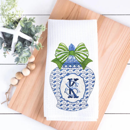 Preppy Monogramm Geschirrtuch | Blau &amp; Weiß Küchentuch | Individuelle Feiertags Geschirrtuch Dekor | Preppy Chinoiserie Ingwer Jar Geschirrtuch | Geschenk