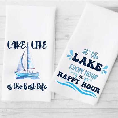 Lake Life and Happy Hour Tea Towel Set Sailboat Happy Hour Lake House Decor