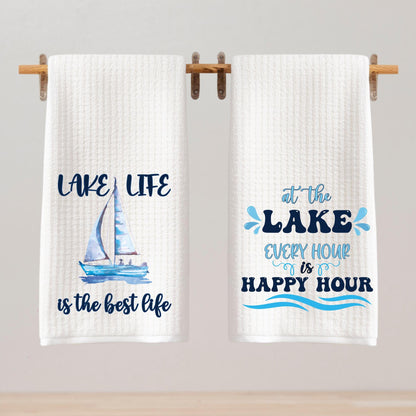 Lake Life and Happy Hour Tea Towel Set Sailboat Happy Hour Lake House Decor