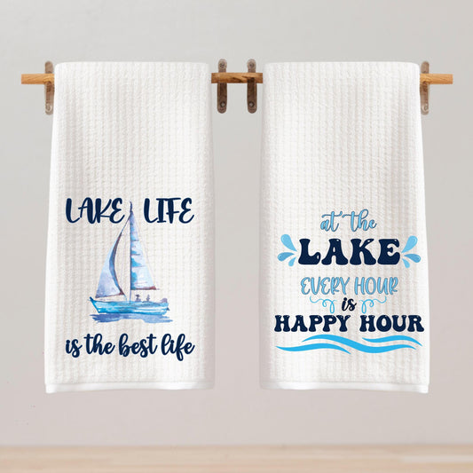 Lake Life and Happy Hour Tea Towel Set Sailboat Happy Hour Lake House Decor