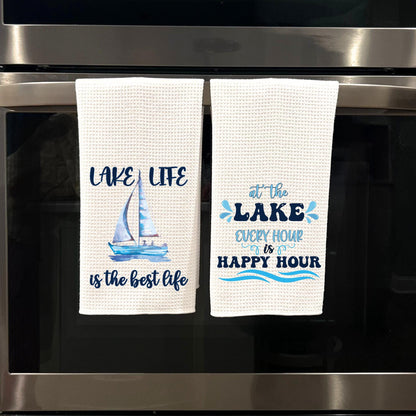 Lake Life and Happy Hour Tea Towel Set Sailboat Happy Hour Lake House Decor