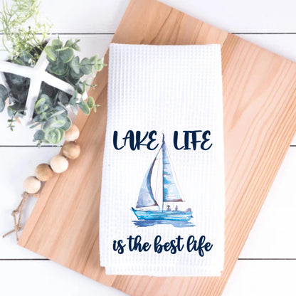 Lake Life Waffle Weave Tea Towel with Sailboat Design Perfect for Lake House Decor Summer Kitchen Essentials and Gifts