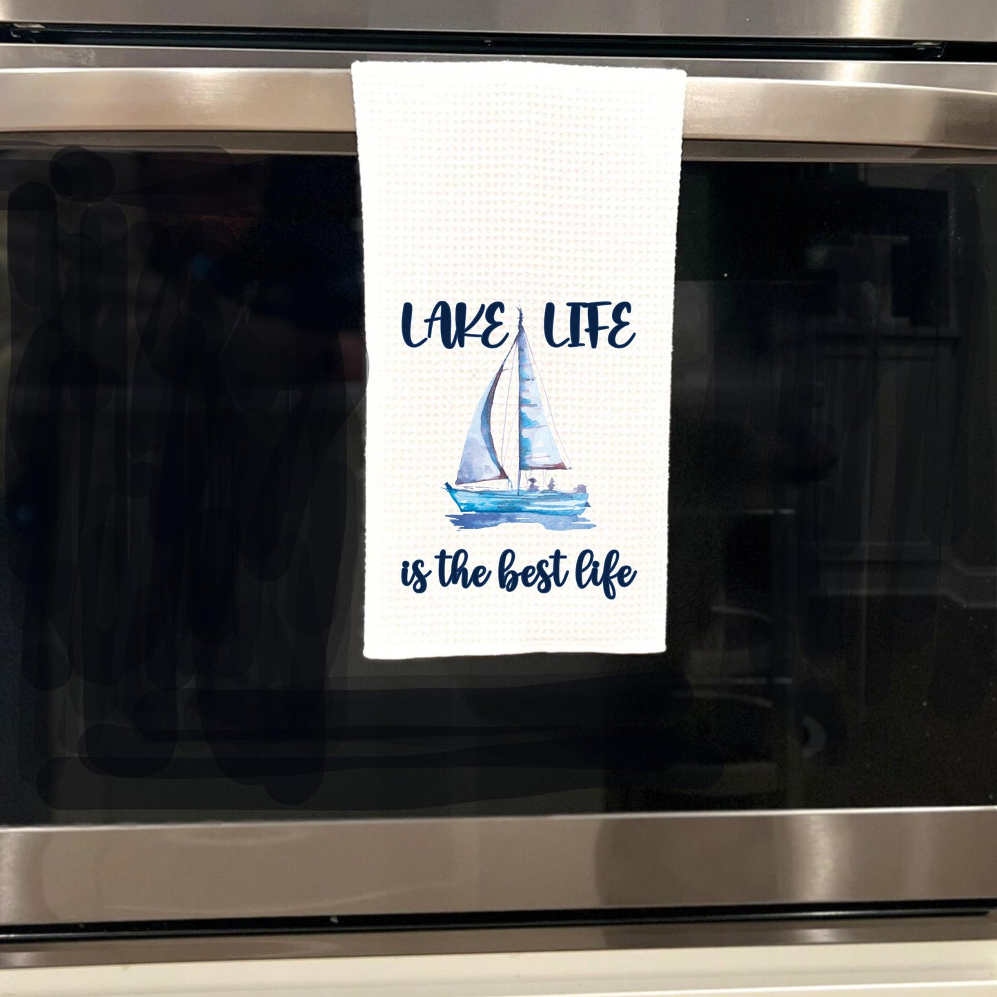 Lake Life Waffle Weave Tea Towel with Sailboat Design Perfect for Lake House Decor Summer Kitchen Essentials and Gifts