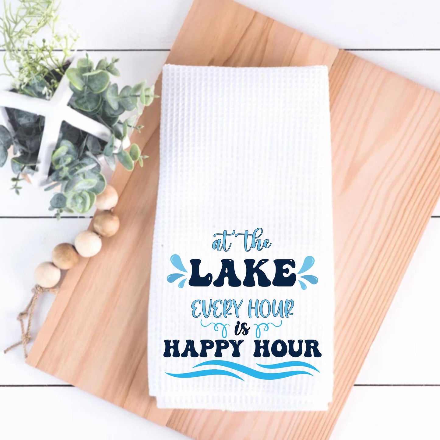 Happy Hour at the Lake Waffle Weave Tea Towel Perfect for Lake House Decor Summer Kitchen Essentials and Gifts