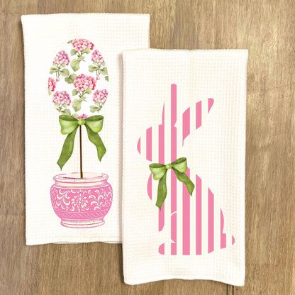 Pink Striped Bunny or Floral Egg Topiary Waffle Weave Tea Towel Perfect for Easter Spring Home Decor Cottage Kitchen Gift and Seasonal Charm