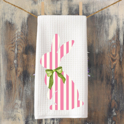 Pink Striped Bunny or Floral Egg Topiary Waffle Weave Tea Towel Perfect for Easter Spring Home Decor Cottage Kitchen Gift and Seasonal Charm
