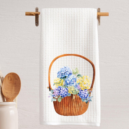 Nantucket Basket Hydrangea Waffle Weave Tea Towel Perfect for Coastal Kitchen Decor Summer Beach House Style and Cottage Charm