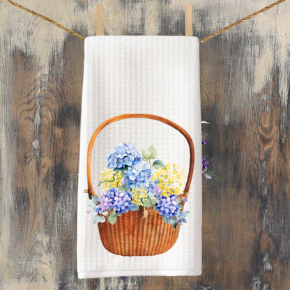 Nantucket Basket Hydrangea Waffle Weave Tea Towel Perfect for Coastal Kitchen Decor Summer Beach House Style and Cottage Charm