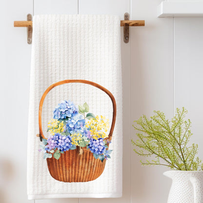 Nantucket Basket Hydrangea Waffle Weave Tea Towel Perfect for Coastal Kitchen Decor Summer Beach House Style and Cottage Charm