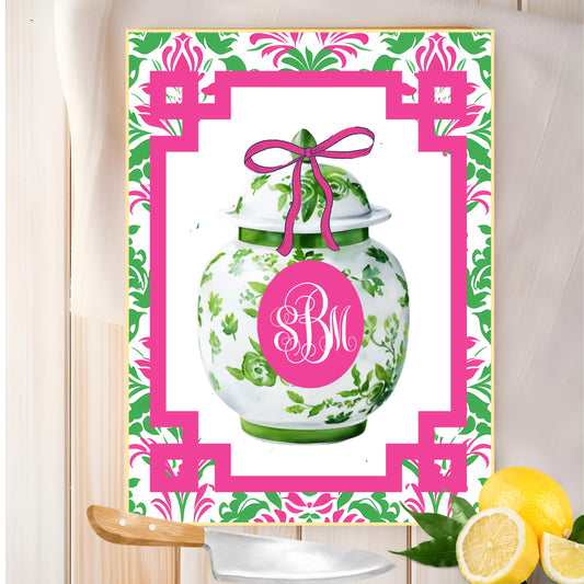 Glass Cutting Board Custom Personalized Monogram Chopping or Bar Trivet Chinoiserie Ginger Jar Pink and Green Kitchen Decor Hostess Gift