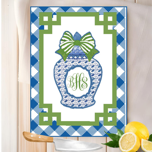 Glass Cutting Board Custom Personalized Monogram Chopping or Bar Trivet Chinoiserie Ginger Jar Pink and Green Kitchen Decor Hostess Gift
