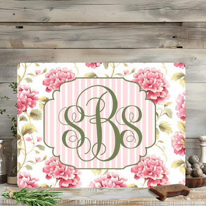 Personalized Floral Monogram Glass Cutting Board - Pink & Green Cottagecore Kitchen Decor - Elegant Custom Hostess Gift - Hydrangea Floral