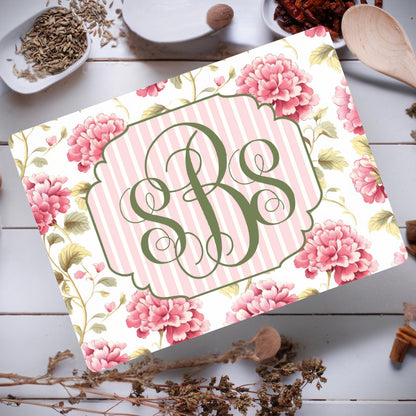Personalized Floral Monogram Glass Cutting Board - Pink & Green Cottagecore Kitchen Decor - Elegant Custom Hostess Gift - Hydrangea Floral