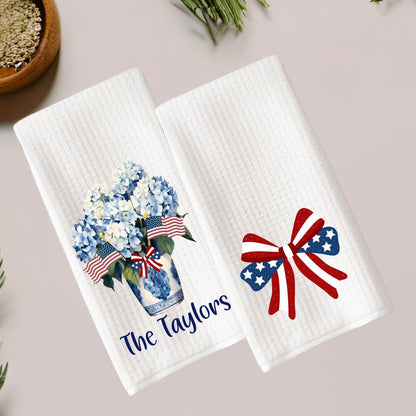 Preppy Patriotic Tea Towel Set | Red, White & Blue American Decor | 4th of July Decorations  Chinoiserie Blue Custom Name Kitchen Decor Gift