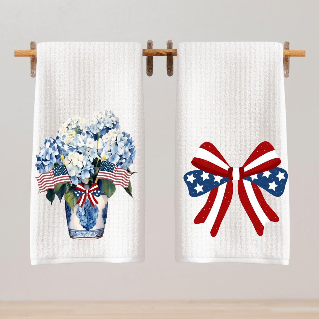 Preppy Patriotic Tea Towel Set | Red, White & Blue American Decor | 4th of July Decorations  Chinoiserie Blue Independence Day Kitchen Decor