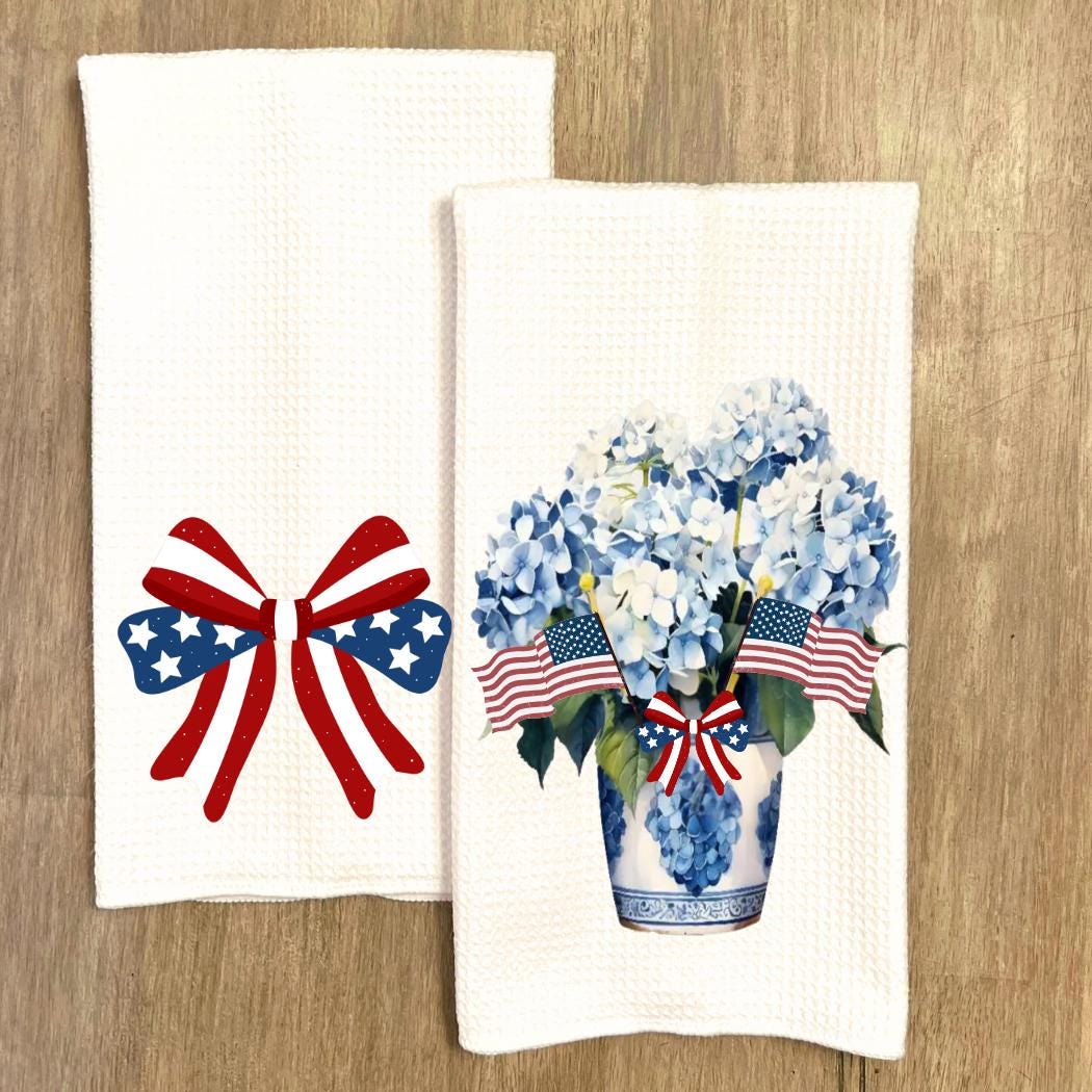 Preppy Patriotic Tea Towel Set | Red, White & Blue American Decor | 4th of July Decorations  Chinoiserie Blue Independence Day Kitchen Decor