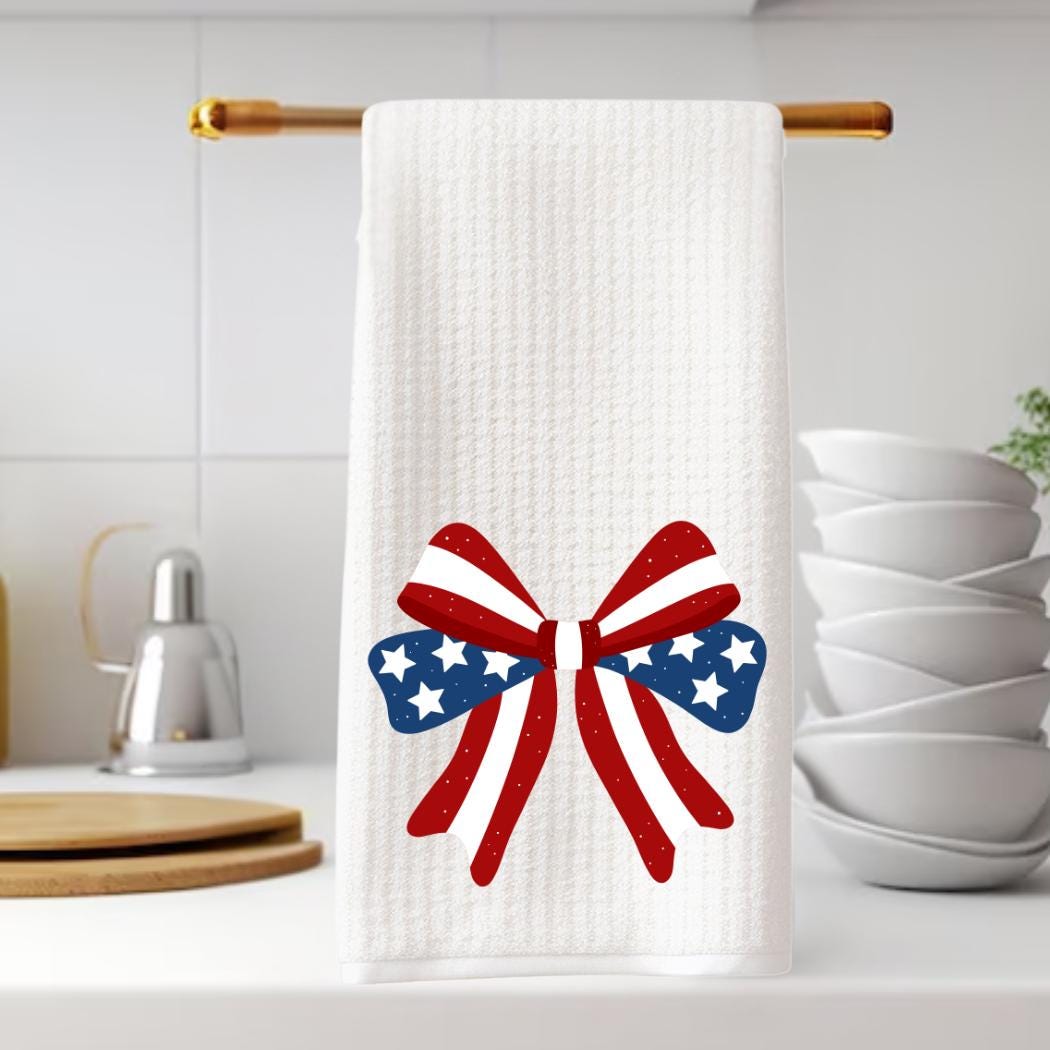 Preppy Patriotic Tea Towel Set | Red, White & Blue American Decor | 4th of July Decorations  Bow Red, White and Blue Independence Day Decor