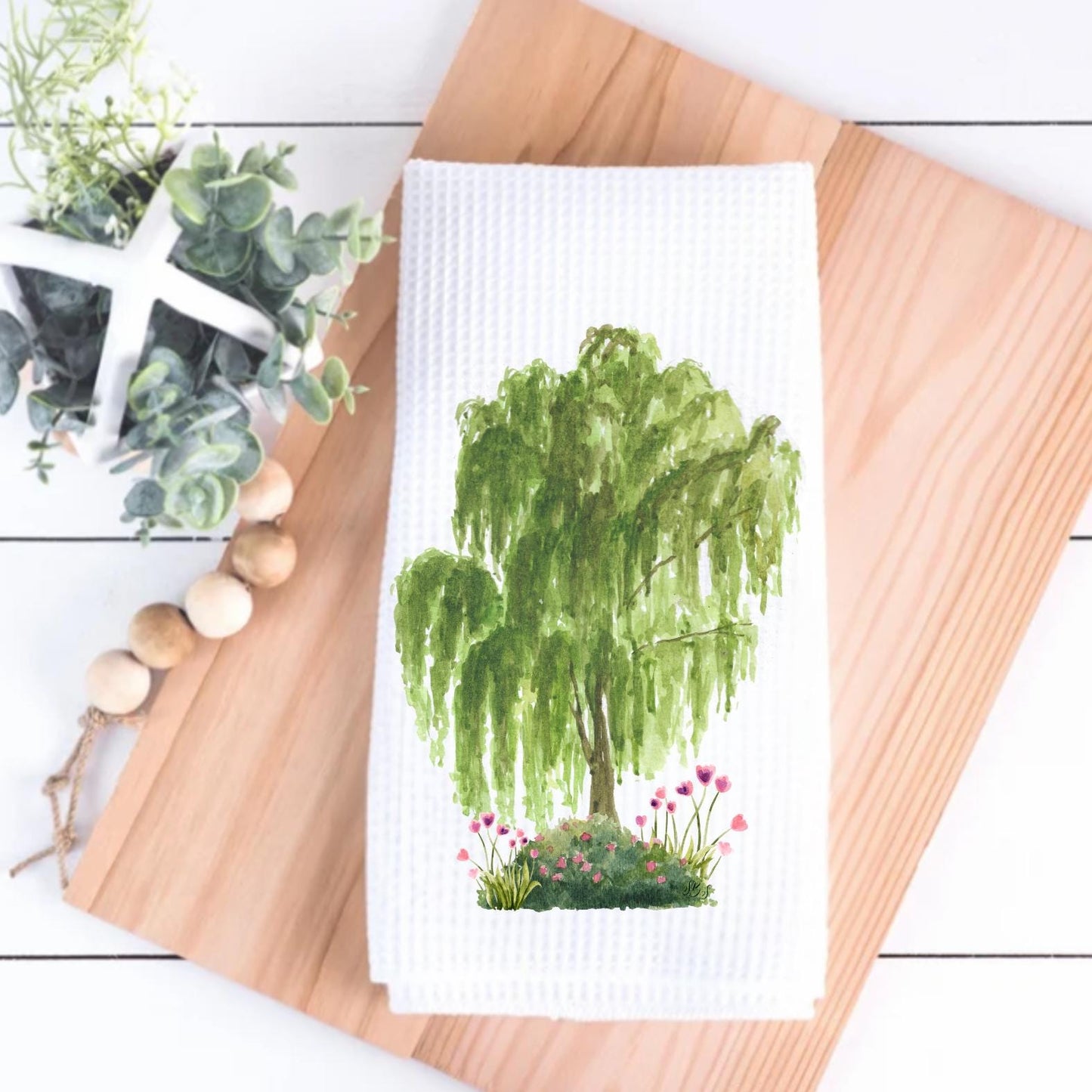 Original Signed Design | Weeping Willow Tree Tea Towel | Southern Landscape & Gardening | Floral Kitchen | Preppy | Old School | Watercolor