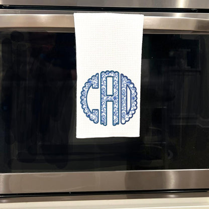 Circle Monogram Chinoiserie Blue and White Tea Towel | Preppy Kitchen Decor | Deflt Blue Decor | Grand Millenial Personalized Cottage Chic