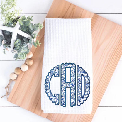 Circle Monogram Chinoiserie Blue and White Tea Towel | Preppy Kitchen Decor | Deflt Blue Decor | Grand Millenial Personalized Cottage Chic