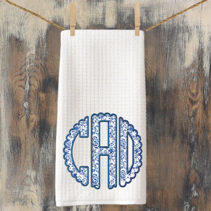 Circle Monogram Chinoiserie Blue and White Tea Towel | Preppy Kitchen Decor | Deflt Blue Decor | Grand Millenial Personalized Cottage Chic