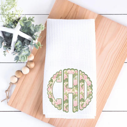 Circle Monogram Chinoiserie Pink and Green Tea Towel | Preppy Kitchen Decor | Shabby Chic | Grand Millenial Personalized Cottage Hydrangea