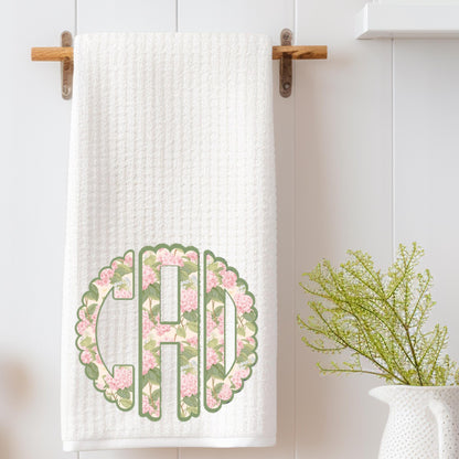 Circle Monogram Chinoiserie Pink and Green Tea Towel | Preppy Kitchen Decor | Shabby Chic | Grand Millenial Personalized Cottage Hydrangea