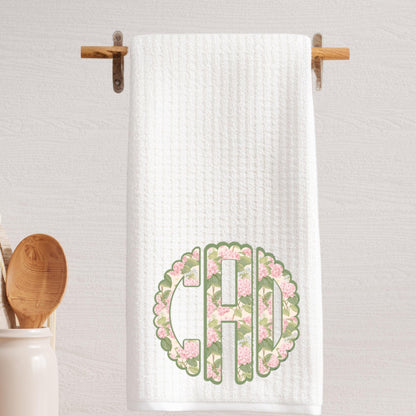 Circle Monogram Chinoiserie Pink and Green Tea Towel | Preppy Kitchen Decor | Shabby Chic | Grand Millenial Personalized Cottage Hydrangea