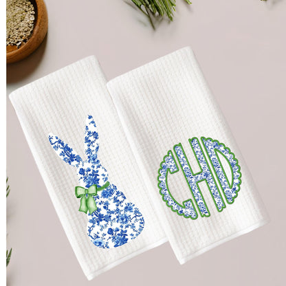 Preppy Monogram Tea Towel Set | Blue & White Bunny Towel | Custom Easter Dishcloth Decor | Preppy Chinoiserie Grand Millenial Tea Towel