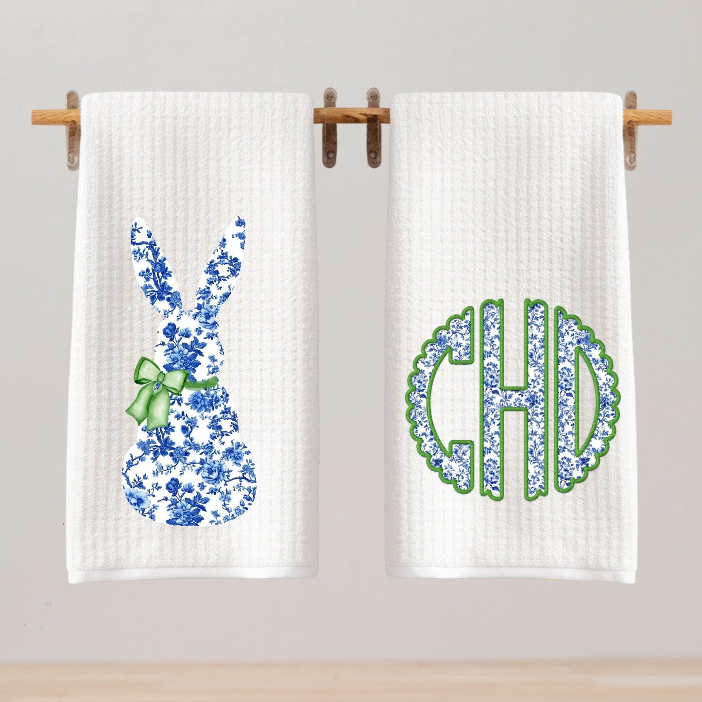 Preppy Monogram Tea Towel Set | Blue & White Bunny Towel | Custom Easter Dishcloth Decor | Preppy Chinoiserie Grand Millenial Tea Towel