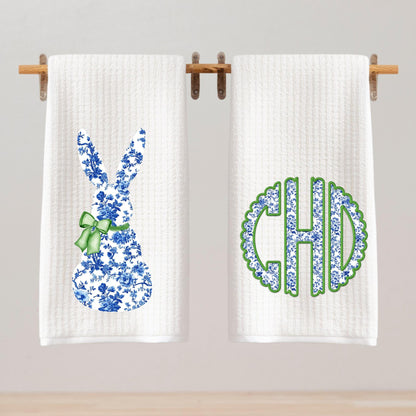 Preppy Monogram Tea Towel Set | Blue & White Bunny Towel | Custom Easter Dishcloth Decor | Preppy Chinoiserie Grand Millenial Tea Towel