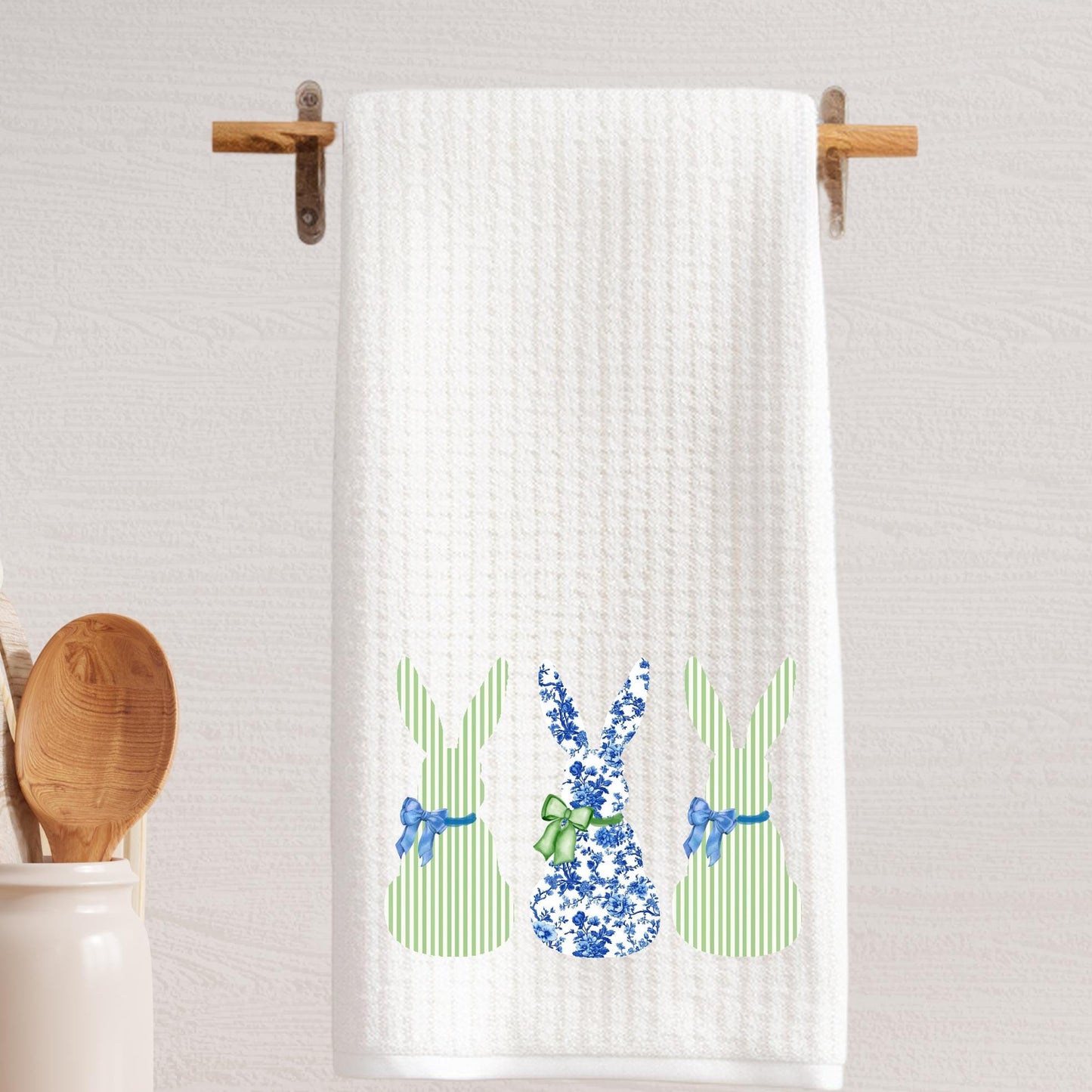 Preppy Monogram Tea Towel Set | Blue & White Bunny Towel | Custom Easter Dishcloth Decor | Preppy Chinoiserie Grand Millenial Tea Towel