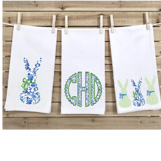 Preppy Monogram Tea Towel Set | Blue & White Bunny Towel | Custom Easter Dishcloth Decor | Preppy Chinoiserie Grand Millenial Tea Towel