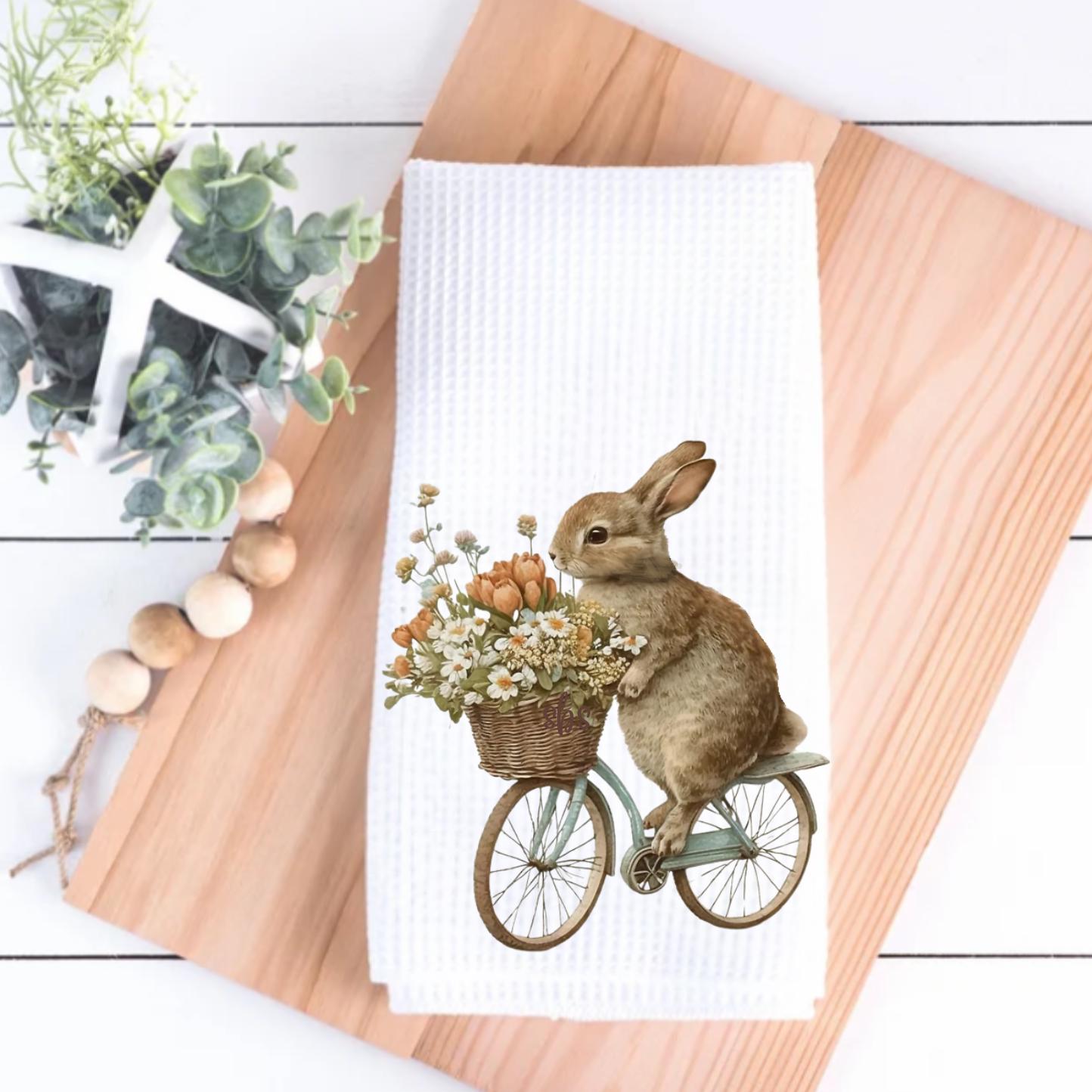 Bunny on a Bike Tea Towel Clover Decorative Bunny Rabbit Waffle Weave Towel Decoration Gift  Decorative Hostess Gift Kitchen