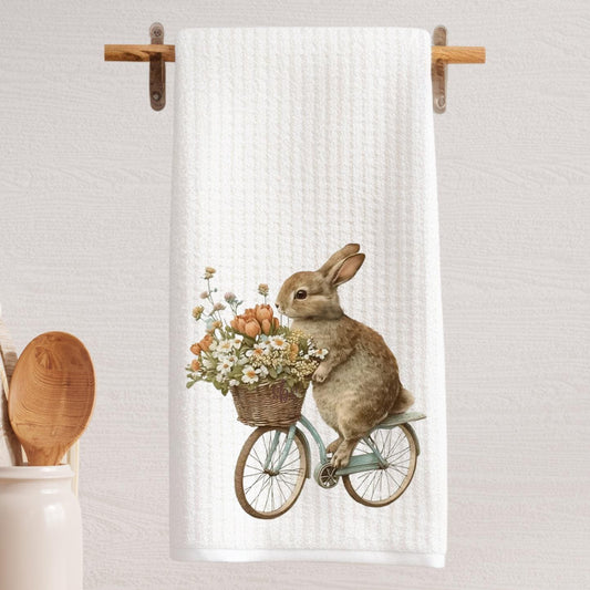 Bunny on a Bike Tea Towel Clover Decorative Bunny Rabbit Waffle Weave Towel Decoration Gift  Decorative Hostess Gift Kitchen